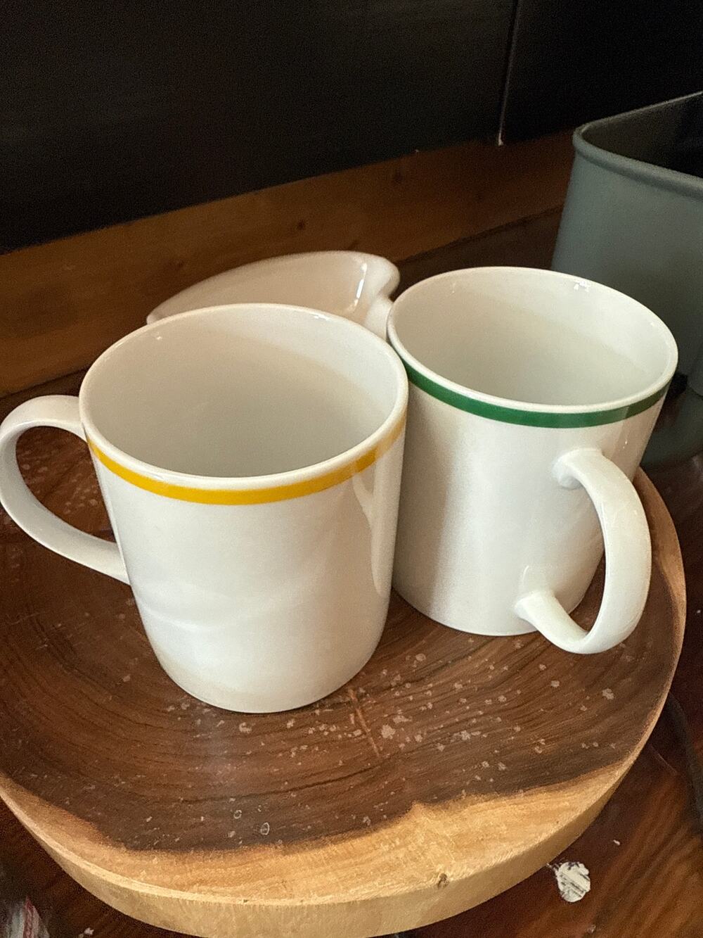 Set of 2 Vintage Japanese Ceramic Mugs with Yellow & Green Rims